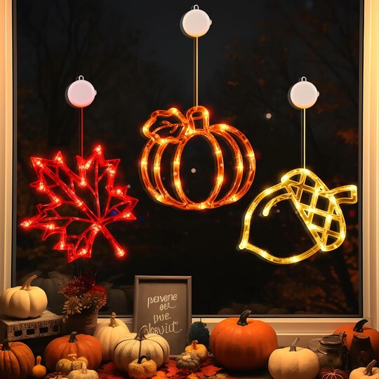 Fall Decor Window Lights 2026 – Thanksgiving LED Maple Leaves Pumpkin Acorn Lights Battery Operated Autumn Decorations with Timer & Suction Cups for Home Windows Indoor Seasonal Decor